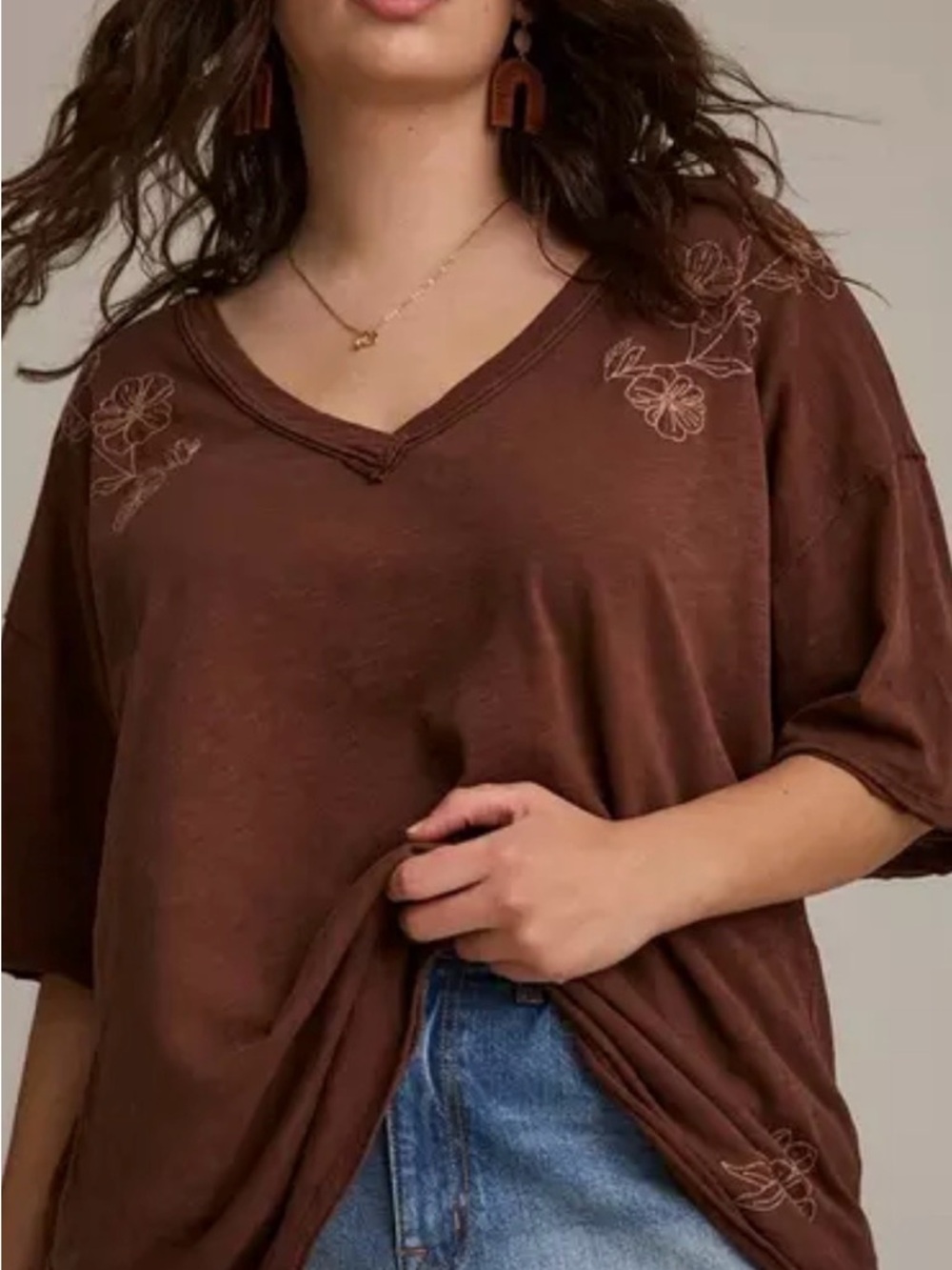 Torrid Brown V-Neck Floral Embroidered Short Sleeve Tee NWT Sz. 1 #10